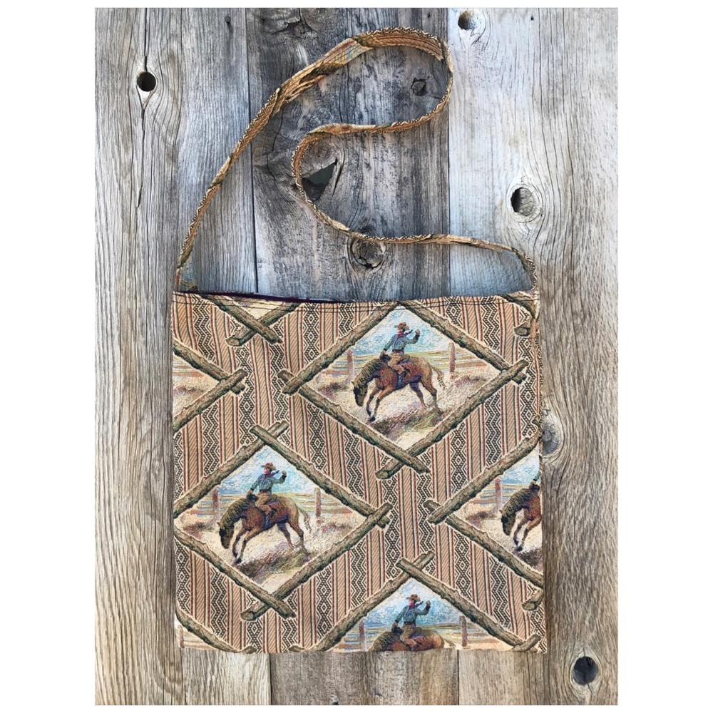 Handmade Crossbody Cowboy Tapestry Tote Bag 18 x 17